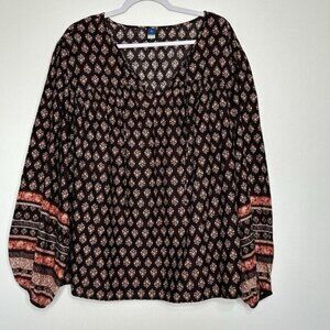 Old Navy Split Neck Blouse Floral Brown Size XL Tall Poet Peasant Boho
